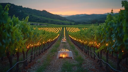 Naklejka premium Romantic vineyard dinner, sunset, lights.