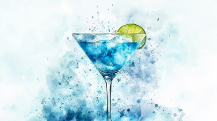 refreshing blue cocktail with lime slice, surrounded by watercolor splashes