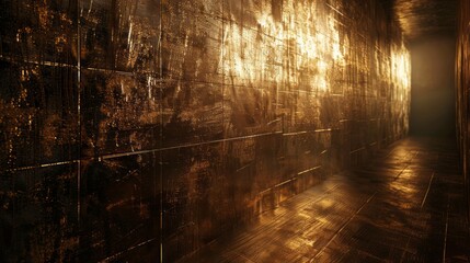 Naklejka premium A dimly lit corridor with reflective golden walls, creating a mysterious atmosphere.