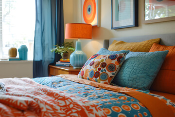 vintage bedroom decor, a retro bedroom with vibrant bedding and a vintage lamp for a warm nostalgic vibe