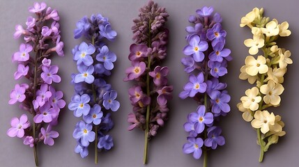 Fototapeta premium Five vibrant flower stems arranged in a row