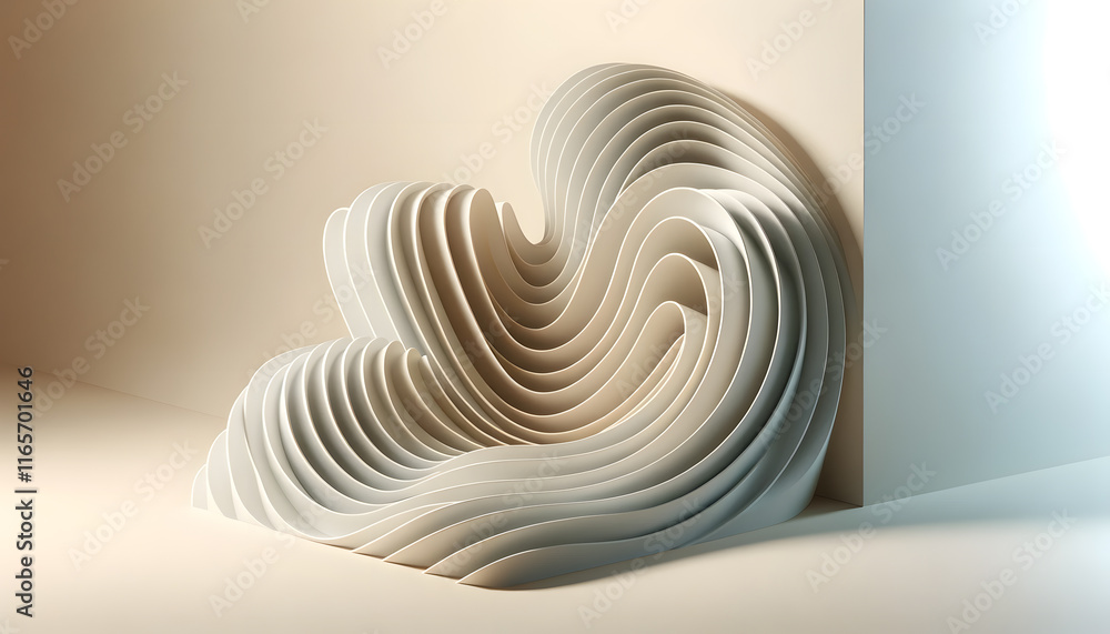 Poster abstract sculptural design with wavy forms in a modern setting