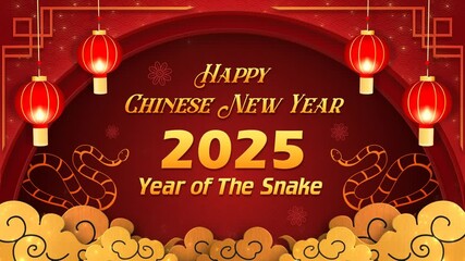 2025 chinese new year greetings the year of the snake background, with lantern and gold clouds