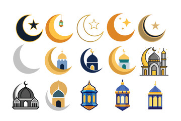 A Beautiful Bundle of Crescent Moons, Mosque Lamp Light Illustrations for Islamic Art Design.