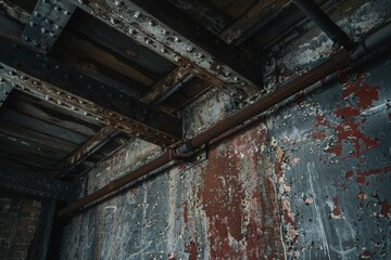 Grunge Industrial Interior With Rusty Pipes, Metal Beams, And Peeling Paint On Concrete Walls