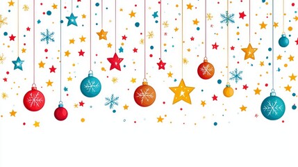 Colorful Christmas decorations with stars and ornaments on a white background.