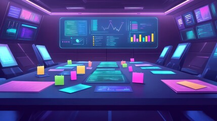 A futuristic meeting space with digital task boards, colorful sticky notes, and diverse business strategies.