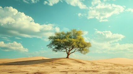 A lone tree stands in the middle of a desert