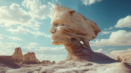 A human face is carved into a rock formation in a desert