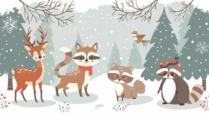 Fototapeta premium Enchanting Winter Forest Scene with Cute Christmas Animals