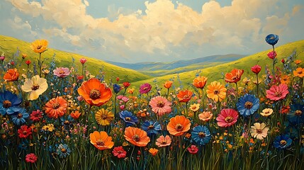 Vibrant Wildflowers Bloom Across Rolling Green Hills