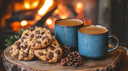 Cozy scene with two mugs of coffee and chocolate chip cookies by a fireplace.