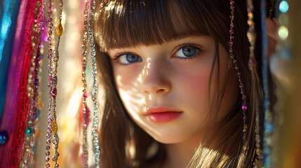 A close-up portrait of a girl surrounded by colorful strands.