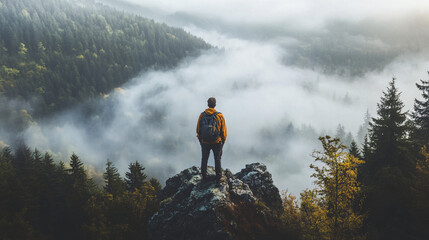 A traveler stands in the mist, each breath signifying a new beginning in their quest for understanding.