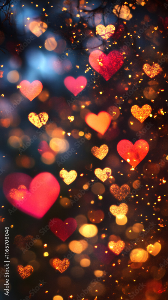 Poster blurred heart shapes in red and gold colors creating a romantic and festive bokeh effect, perfect fo