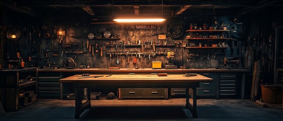 Dark workshop interior with workbench, tools, and shelves.