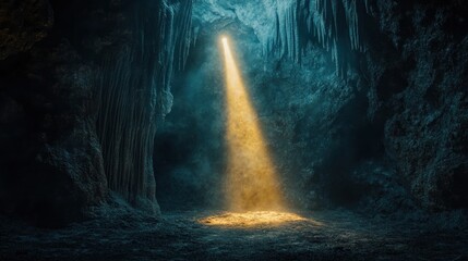 A single beam of light shining through a dark cave, illuminating the way forward, symbolizing clarity, direction, and hope in realizing one mission.