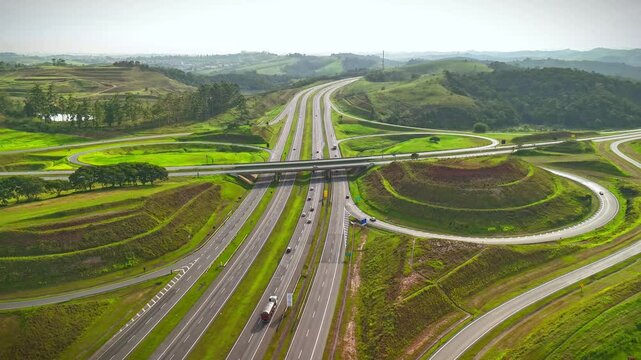 Aerial view of hyperlapse of a highway that connects Sao Paulo city to other cities in the countryside of the state.
