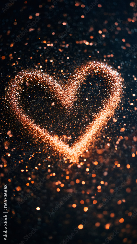 Aufkleber Sparkling golden glitter creating heart silhouette against deep shadowy backdrop