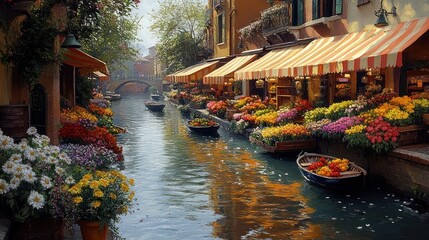 Obraz premium Venetian canal, flower market, boats, colorful blooms.