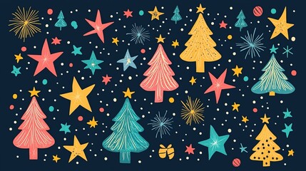 Colorful festive illustration featuring Christmas trees, stars, and snowflakes.