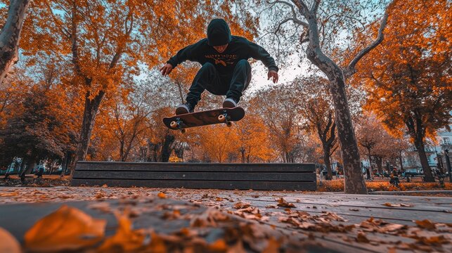 Skateboarder performing a jump in an autumn park. - Powered by Adobe