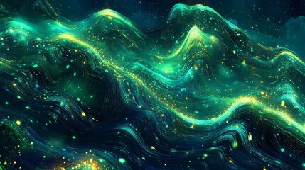 Dynamic Digital Background, Blue, Green Light Effects, Futuristic Shapes, Abstract Design
