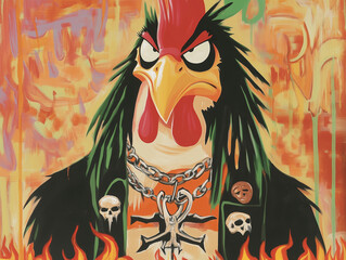 Fierce Punk Rock Rooster Illustration with Fiery Background and Edgy Details – Ideal for Posters, Apparel, Wall Art, Merchandise, Branding, Album Covers, Digital Prints, and Creative Marketing