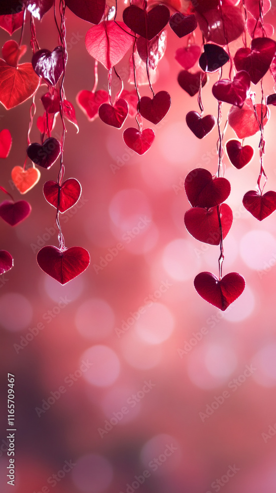 Poster red heart-shaped leaves dangling, creating romantic valentine's day ambiance with soft bokeh backgro