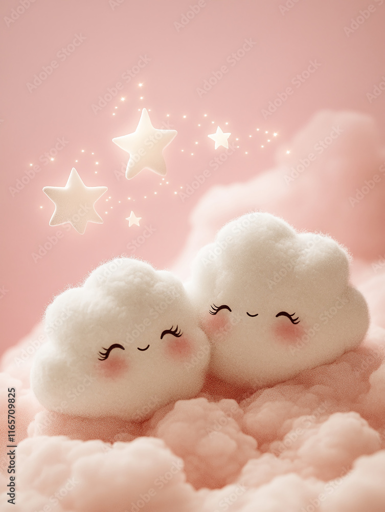 Poster smiling cloud couple with sparkling stars on pink background
