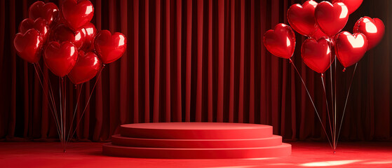 Red 3D stage with heart balloons, confetti,decorations. Mock up for Valentine's Day, love-themed events, and romantic promotions, combining elegant and festive charm. Generative ai