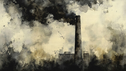 Dark industrial chimney with smoky clouds in abstract watercolor style