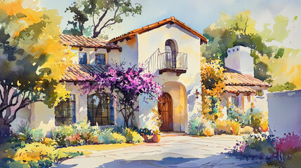 Naklejka premium charming Mediterranean villa with vibrant flowers and sunny colors