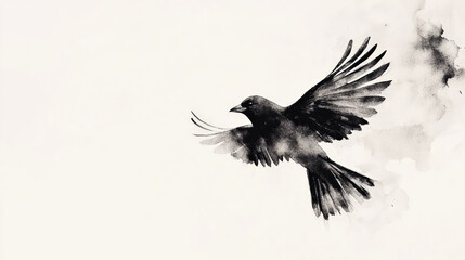 Fototapeta premium Minimalist bird silhouette in soft black watercolor, evoking tranquility