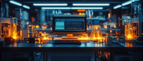 Obraz premium Modern laboratory interior with computer displaying data and illuminated glassware.