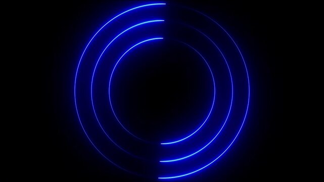 Abstract Futuristic technology background with rotating glowing neon circles with dashed lines and flashing amber and blue data lights.Glowing line web neon circle pattern.