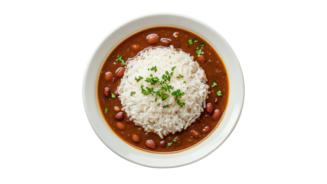 Red beans and rice, top-down view, cut out