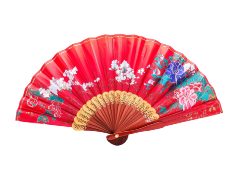 Isolated Red Hand Fan with Floral Design
