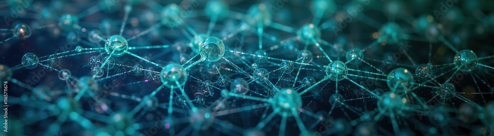 Poster digital network of glowing blue nodes and connecting lines.