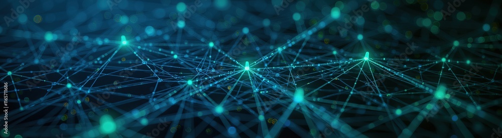 Poster digital network of glowing blue nodes and connecting lines.
