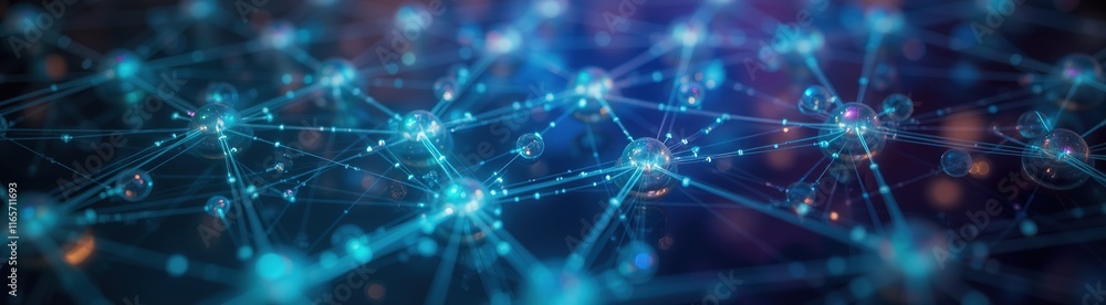 Poster abstract network visualization with 3d glowing connections.