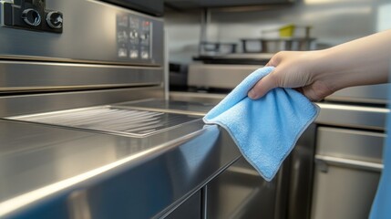 A neatly organized kitchen with stainless steel appliances being wiped down with a microfiber cloth, showcasing a spotless, streak-free shine on every surface.