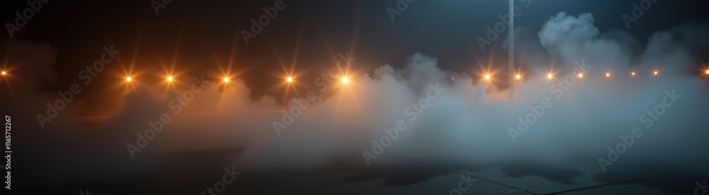 Poster string lights on branches in misty evening