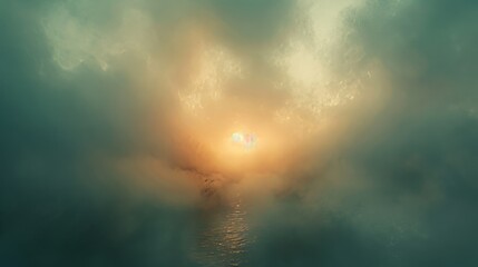Obraz premium A serene scene of a sun emerging through dense clouds over a tranquil body of water.
