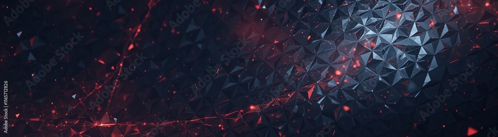 Poster abstract dark geometric texture with red glowing particles.