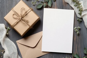 Blank greeting card mockup with gift box and envelope on wooden background