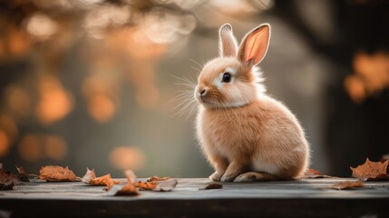 Obraz premium Curious Rabbit Hopping on Wooden Platform in Garden