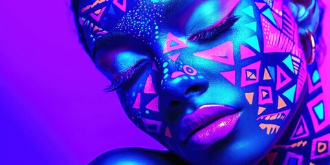 Woman with a face painted in neon colors