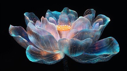 Naklejka premium Lotus water lily Chrome liquid dreamcorel flower. 3D render, modern design. Isolated holographic futuristic floral icon. Y2K, brutalism retro futurism concept.