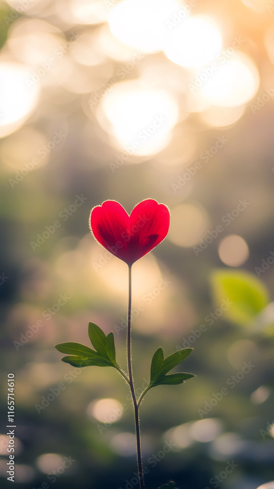 Poster red heart-shaped flower growing on its thin stem with bokeh effect in the background, perfect image 